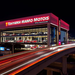 A vibrant scene featuring the Tohyama Motors official dealer building, illuminated by colorful nightlights