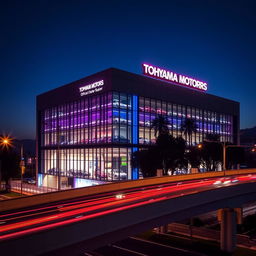 A vibrant scene featuring the Tohyama Motors official dealer building, illuminated by colorful nightlights