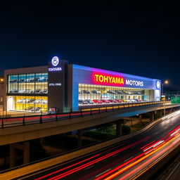 A vibrant scene featuring the Tohyama Motors official dealer building, illuminated by colorful nightlights