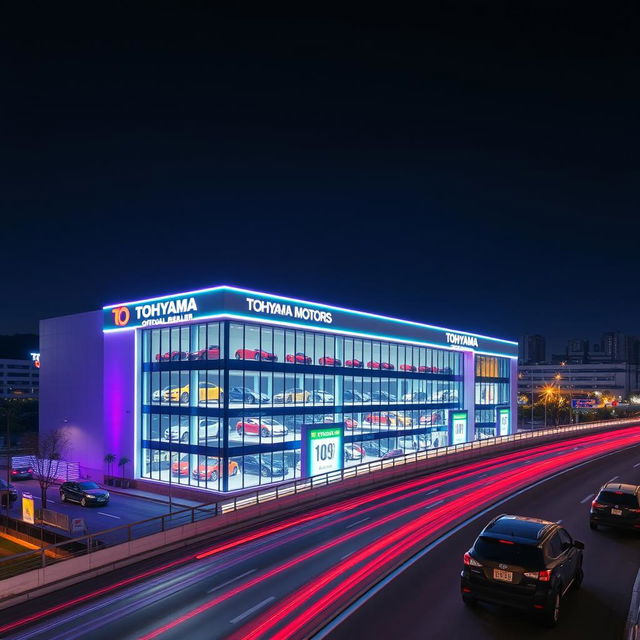 A vibrant scene featuring the Tohyama Motors official dealer building, illuminated by colorful nightlights