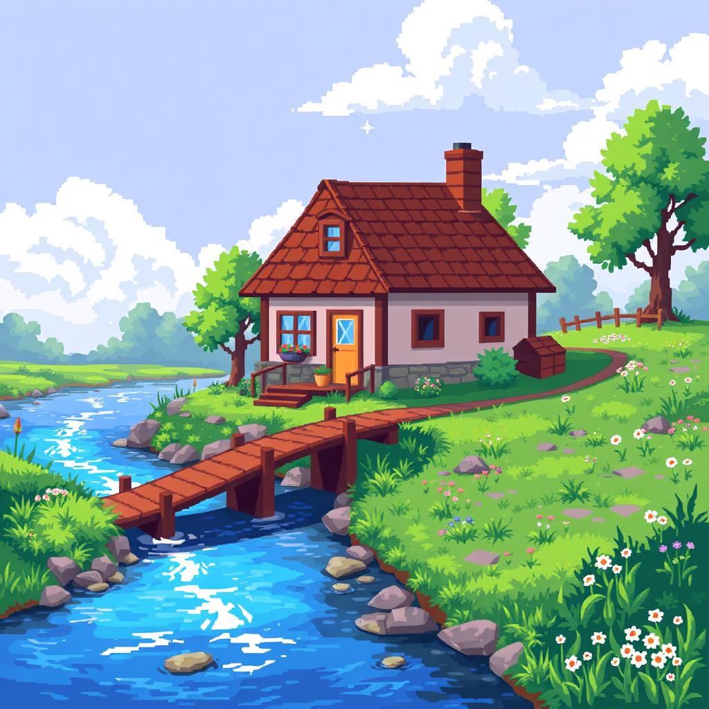 A serene pixel art scene depicting a cozy house by a gently flowing river