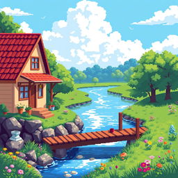 A serene pixel art scene depicting a cozy house by a gently flowing river