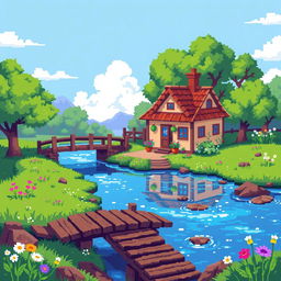 A serene pixel art scene depicting a cozy house by a gently flowing river