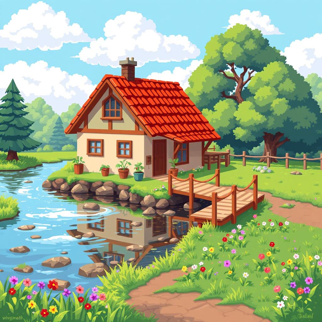 A serene pixel art scene depicting a cozy house by a gently flowing river