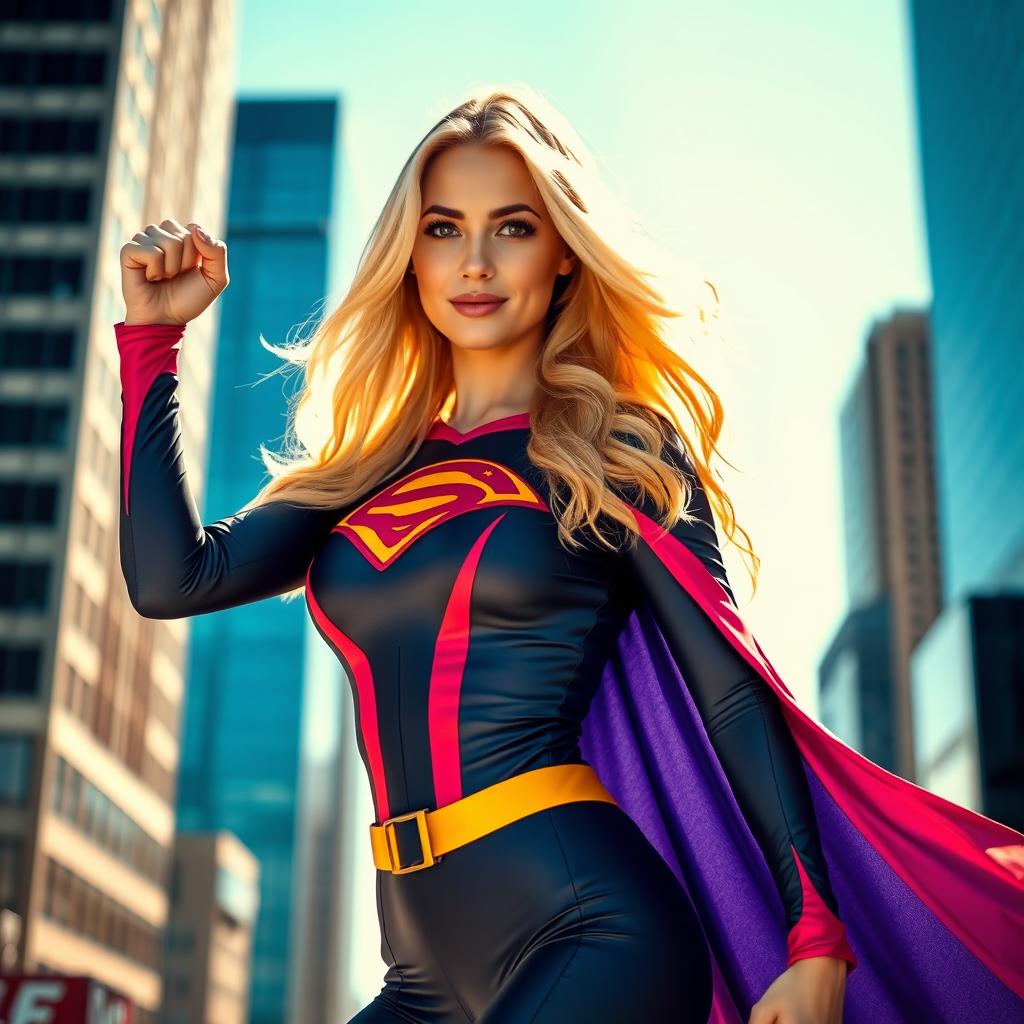 A stunning blonde woman dressed as a superhero, striking a powerful pose