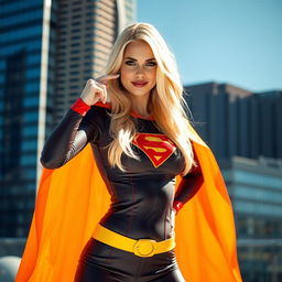 A stunning blonde woman dressed as a superhero, striking a powerful pose