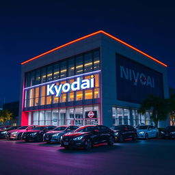 A stylish and modern official dealership building for a company called 'Kyodai', parodying Nissan