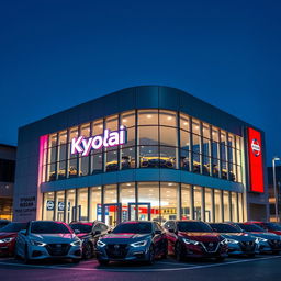 A stylish and modern official dealership building for a company called 'Kyodai', parodying Nissan