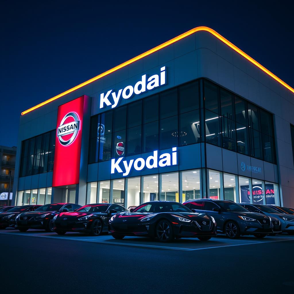 A stylish and modern official dealership building for a company called 'Kyodai', parodying Nissan