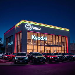 A stylish and modern official dealership building for a company called 'Kyodai', parodying Nissan