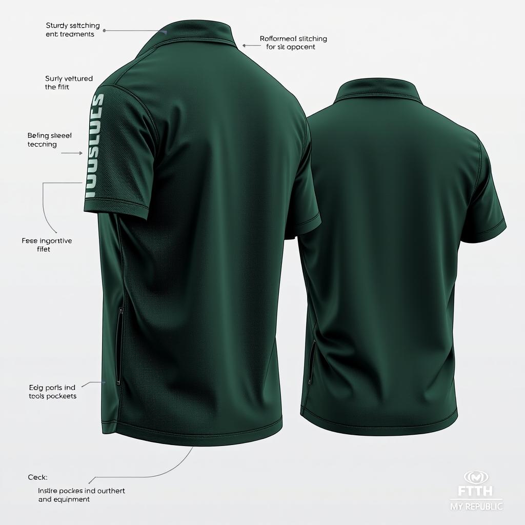 A detailed shirt design specifically for FTTH (Fiber To The Home) network technicians, rendered in a rich dark green color