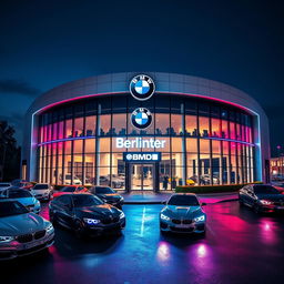 A parody of a BMW dealership, featuring a sleek and modern building branded as 'Berliner'