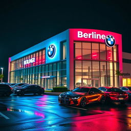 A parody of a BMW dealership, featuring a sleek and modern building branded as 'Berliner'