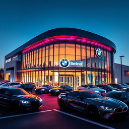 A parody of a BMW dealership, featuring a sleek and modern building branded as 'Berliner'