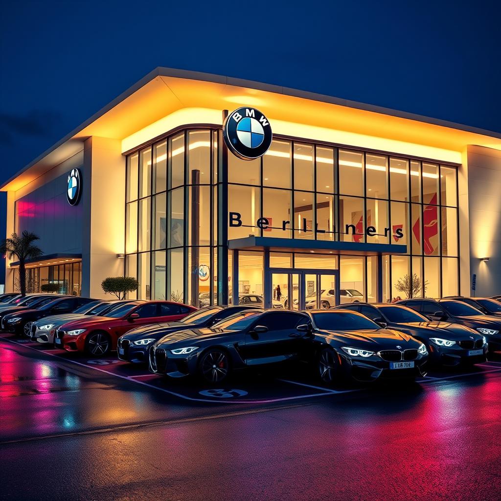 A parody of a BMW dealership, featuring a sleek and modern building branded as 'Berliner'