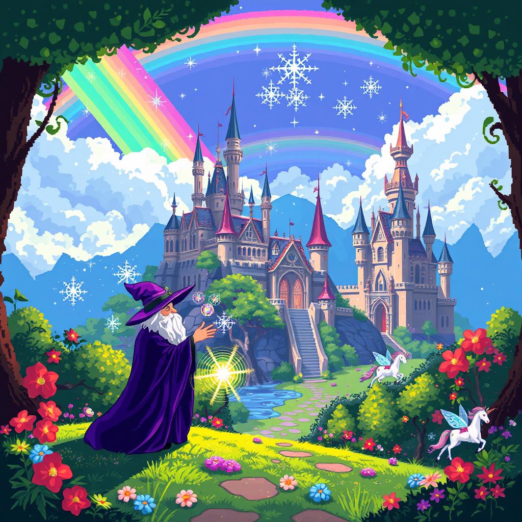 A captivating pixel art scene depicting a magical realm filled with vibrant colors and enchanting elements