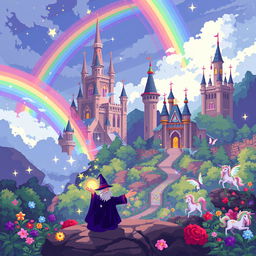 A captivating pixel art scene depicting a magical realm filled with vibrant colors and enchanting elements