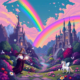 A captivating pixel art scene depicting a magical realm filled with vibrant colors and enchanting elements