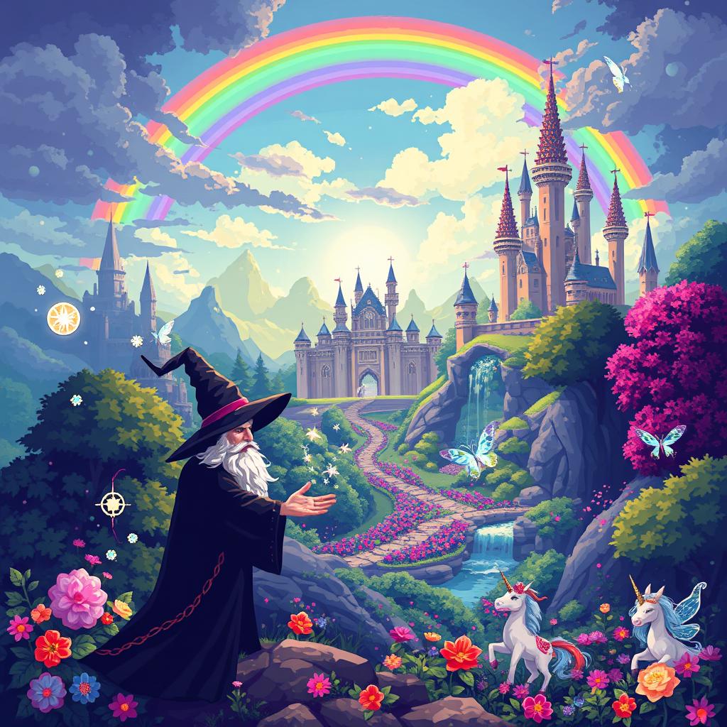 A captivating pixel art scene depicting a magical realm filled with vibrant colors and enchanting elements