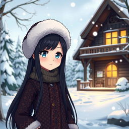 An anime-style illustration of a Russian character, featuring traditional elements like a fur hat (ushanka), a winter landscape with snow-covered trees, and traditional Russian architecture in the background