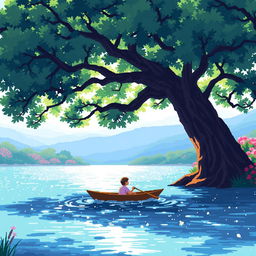 A delightful pixel art scene depicting a peaceful rowing experience under a large, leafy tree