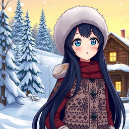 An anime-style illustration of a Russian character, featuring traditional elements like a fur hat (ushanka), a winter landscape with snow-covered trees, and traditional Russian architecture in the background