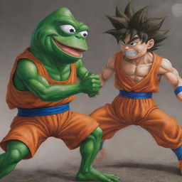 A highly detailed and astonishing artwork showcasing a battle between Pepe the Frog and Goku