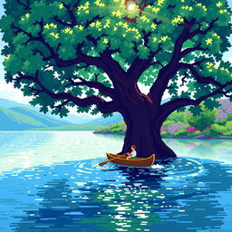 A delightful pixel art scene depicting a peaceful rowing experience under a large, leafy tree