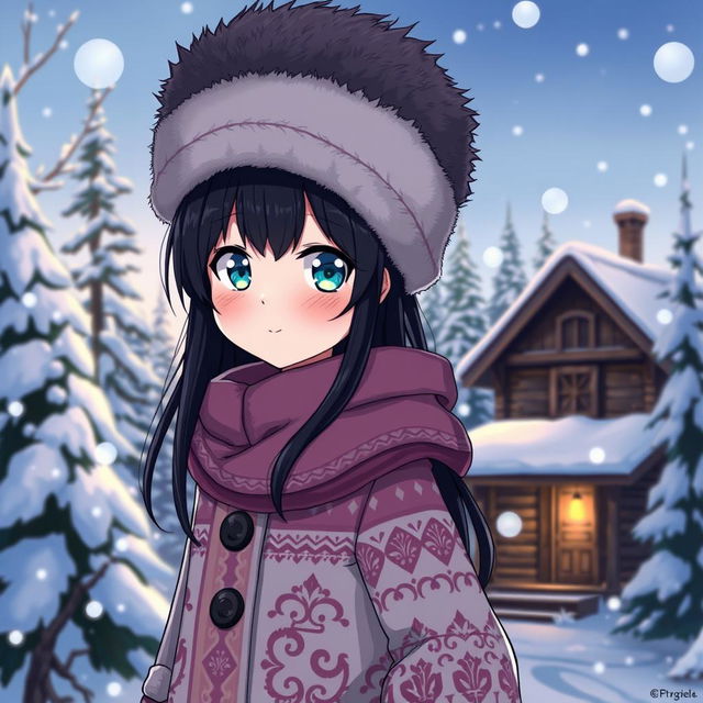 An anime-style illustration of a Russian character, featuring traditional elements like a fur hat (ushanka), a winter landscape with snow-covered trees, and traditional Russian architecture in the background