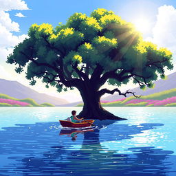 A delightful pixel art scene depicting a peaceful rowing experience under a large, leafy tree