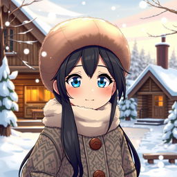 An anime-style illustration of a Russian character, featuring traditional elements like a fur hat (ushanka), a winter landscape with snow-covered trees, and traditional Russian architecture in the background