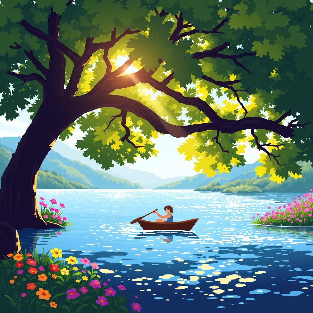 A delightful pixel art scene depicting a peaceful rowing experience under a large, leafy tree