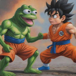 A highly detailed and astonishing artwork showcasing a battle between Pepe the Frog and Goku