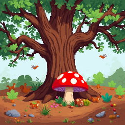 A whimsical pixel art scene featuring a vibrant mushroom nestled at the base of a large, ancient tree