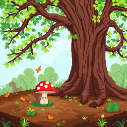 A whimsical pixel art scene featuring a vibrant mushroom nestled at the base of a large, ancient tree