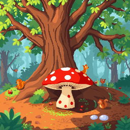 A whimsical pixel art scene featuring a vibrant mushroom nestled at the base of a large, ancient tree