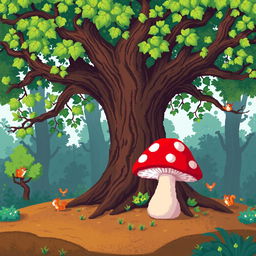 A whimsical pixel art scene featuring a vibrant mushroom nestled at the base of a large, ancient tree