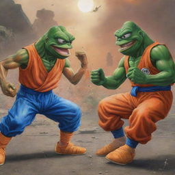 A highly detailed and astonishing artwork showcasing a battle between Pepe the Frog and Goku