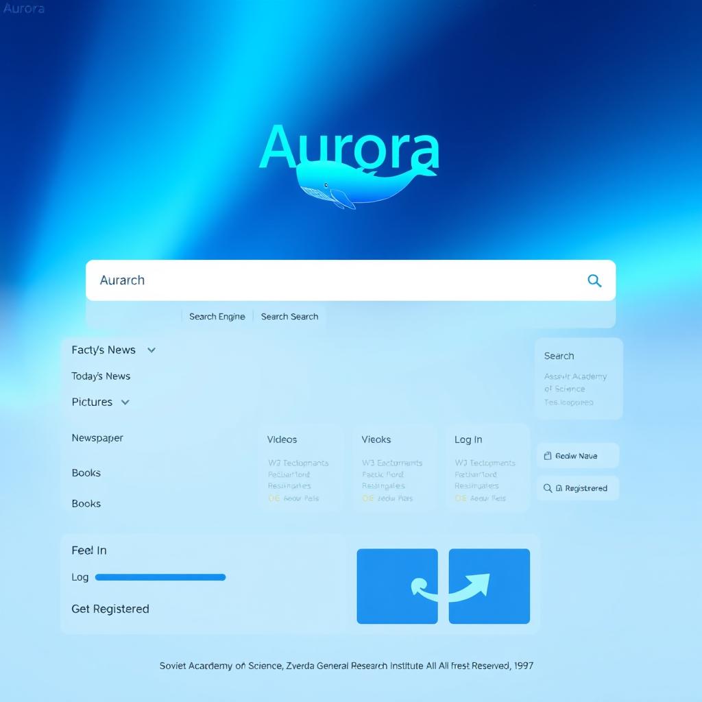 A webpage mockup featuring a main search engine layout with a blue theme