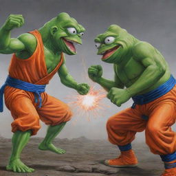 A highly detailed and astonishing artwork showcasing a battle between Pepe the Frog and Goku