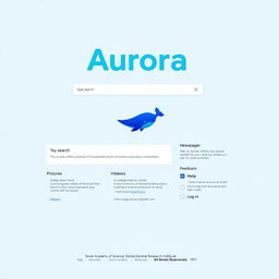 A webpage mockup featuring a main search engine layout with a blue theme