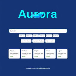 A webpage mockup featuring a main search engine layout with a blue theme