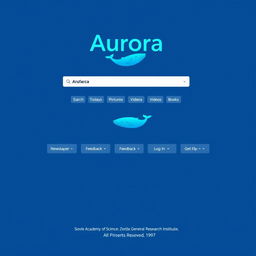 A webpage mockup featuring a main search engine layout with a blue theme