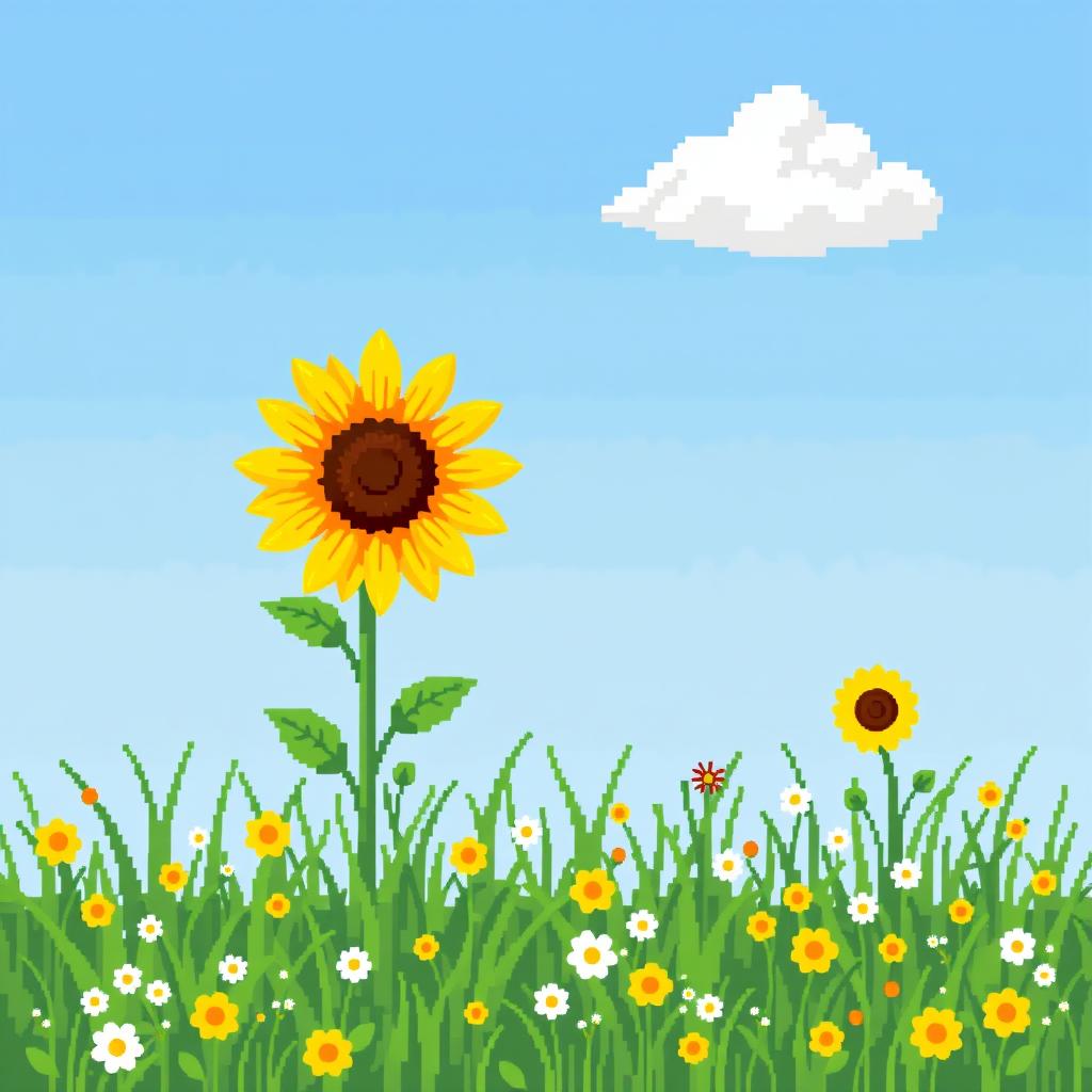 A charming pixel art representation of a bright sunflower standing tall in a field, with a fluffy white cloud drifting behind it