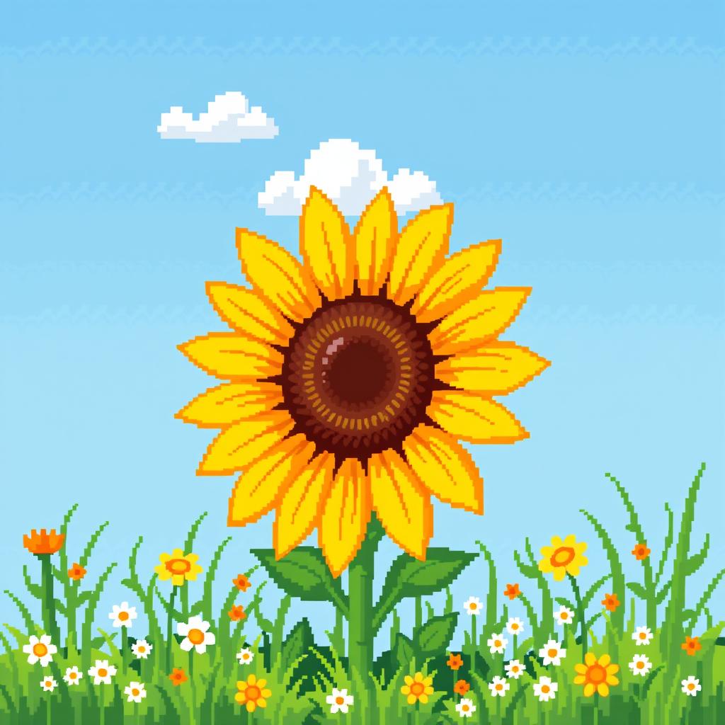 A charming pixel art representation of a bright sunflower standing tall in a field, with a fluffy white cloud drifting behind it