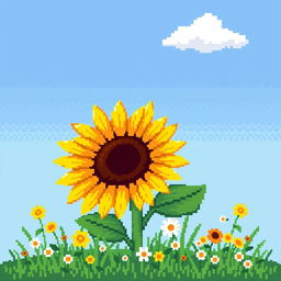 A charming pixel art representation of a bright sunflower standing tall in a field, with a fluffy white cloud drifting behind it