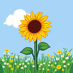 A charming pixel art representation of a bright sunflower standing tall in a field, with a fluffy white cloud drifting behind it