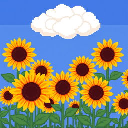 A charming pixel art depiction of a field of sunflowers, each with bright yellow petals and rich brown centers, swaying gently in the breeze