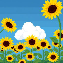 A charming pixel art depiction of a field of sunflowers, each with bright yellow petals and rich brown centers, swaying gently in the breeze