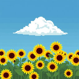 A charming pixel art depiction of a field of sunflowers, each with bright yellow petals and rich brown centers, swaying gently in the breeze